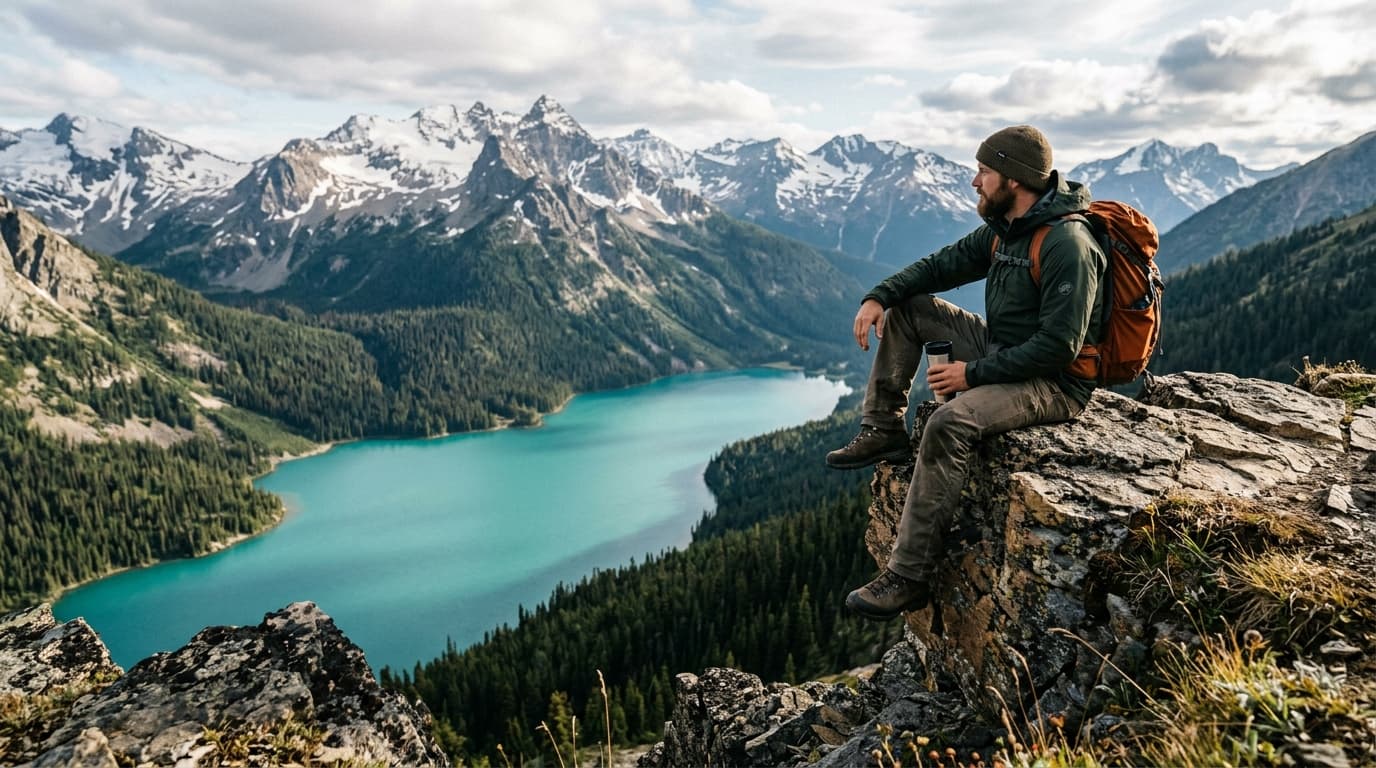 Adventurer resting above turquoise mountain lake - XPLOREO